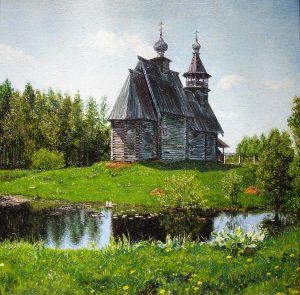 Wooden church. Artist Natalia Reznik