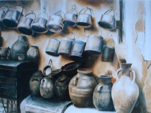 Still life with jugs, postcard. Artist Natalia Reznik